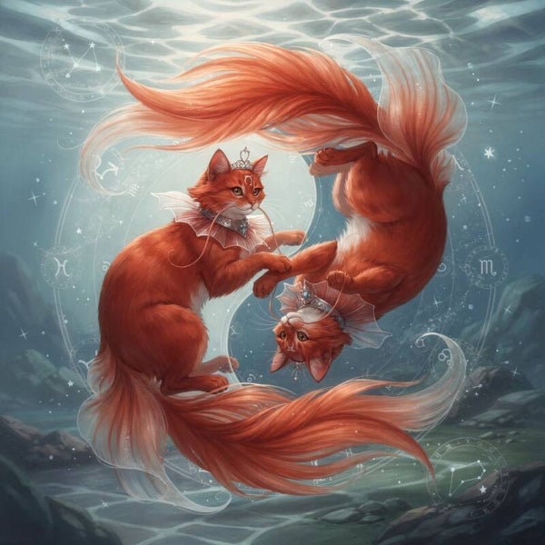 Zielsgetijden – sterrenbeeld Vissen schilderij met roodharige katten in yin-yang compositie