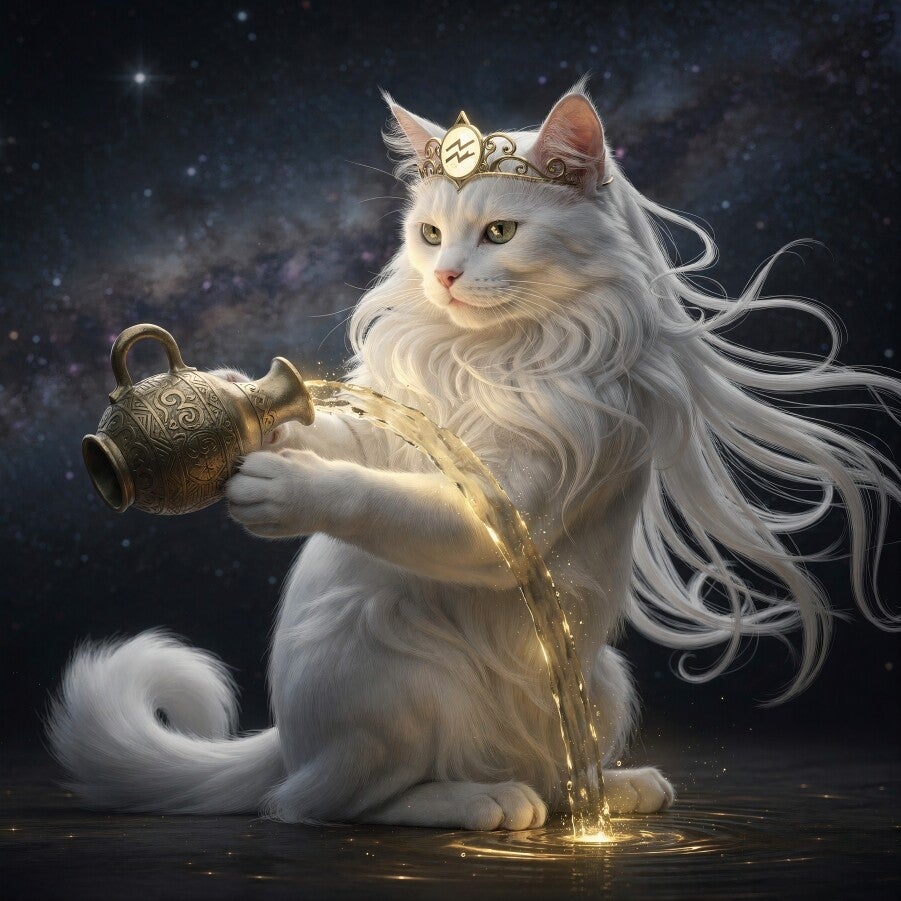 Astrologisch symbool van Waterman – Witte kat met gouden kruik in kosmische sfeer