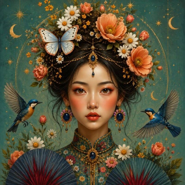 Sterrenbloesem – vrouw schilderij met vogels en bloemen