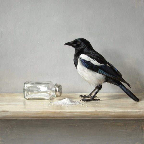 Stil Gebaar – schilderij met ekster en zoutvaatje