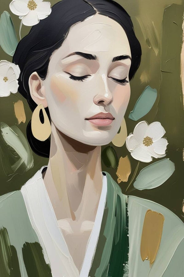 Stilgroei – abstract vrouwportret in groen en goudaccenten