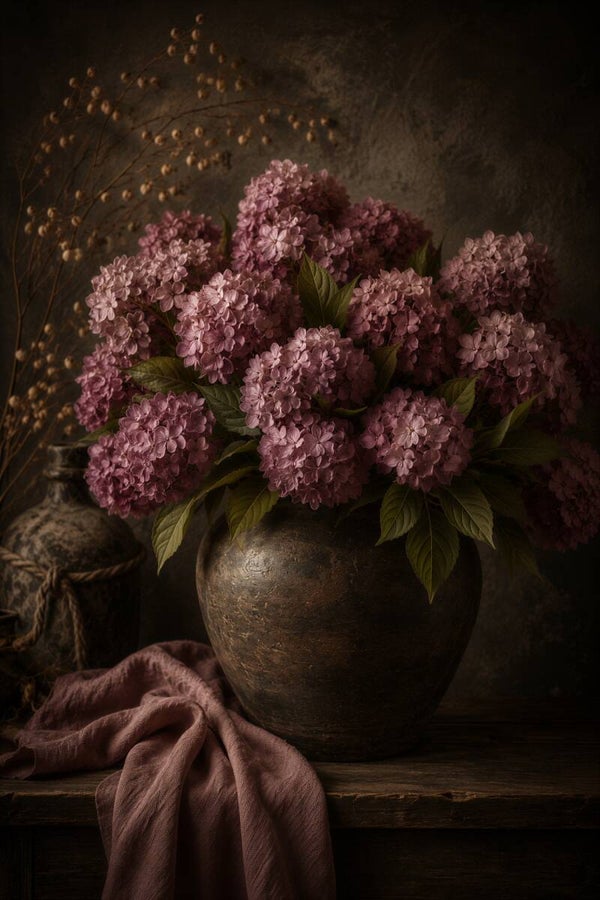 Stille Hortensia – landelijk bloemenstilleven met oudroze hortensia en donkere vaas