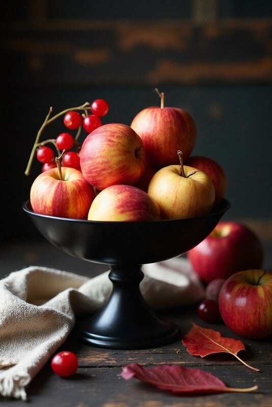 Herfst stilleven schilderij met appels in klassieke schaal – keuken wanddecoratie