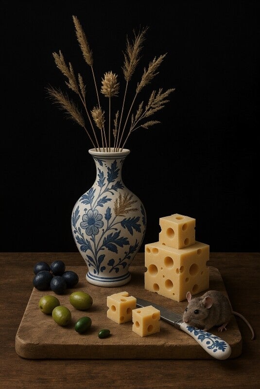 Hollands stilleven schilderij met kaas, Delfts Blauw en muisje – keuken kunstwerk