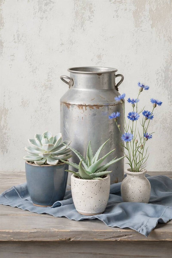 Rustieke Blikvanger – Schilderij met melkbus, blauwe bloemen en vetplanten