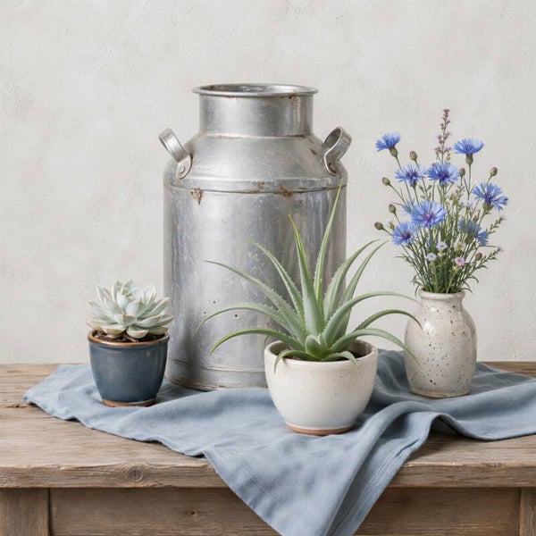 Tijd in zink – stilleven met melkbus en veldbloemen landelijk schilderij
