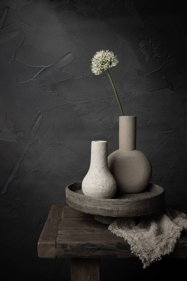 Earth & Bloom – Donker stilleven met witte Allium bloem en aardewerk vazen