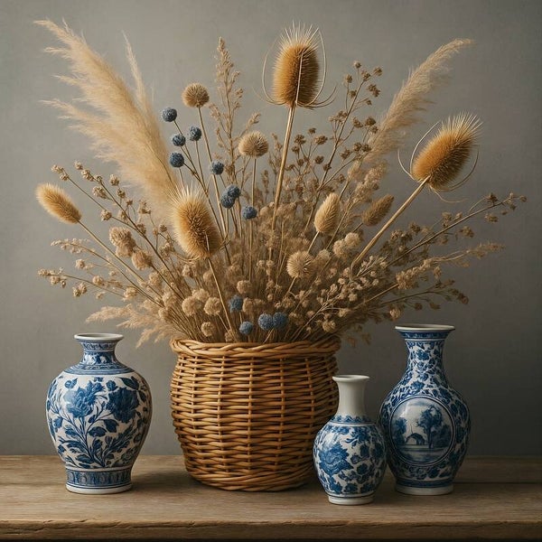 Delfts Blauw Stilleven met Mand en Vazen – landelijk schilderij
