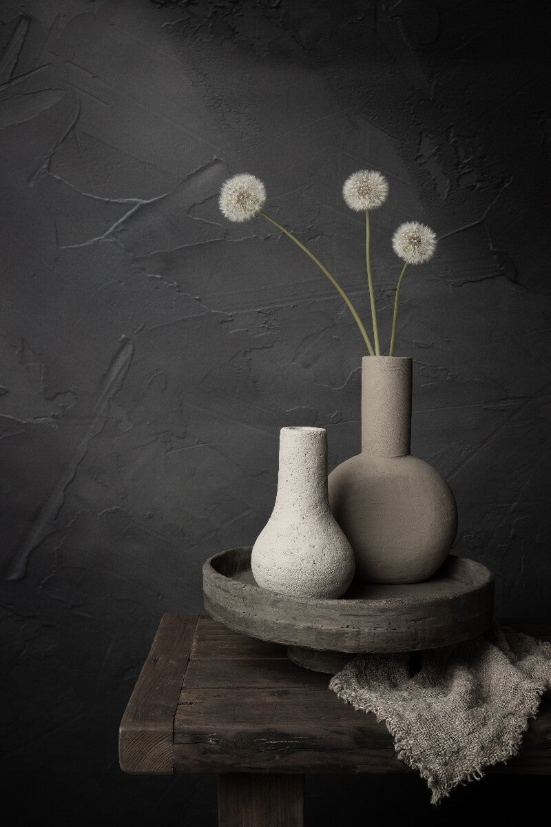 Serene Beauty – Donker stilleven met pluizenbollen van paardenbloemen in aardewerk vazen