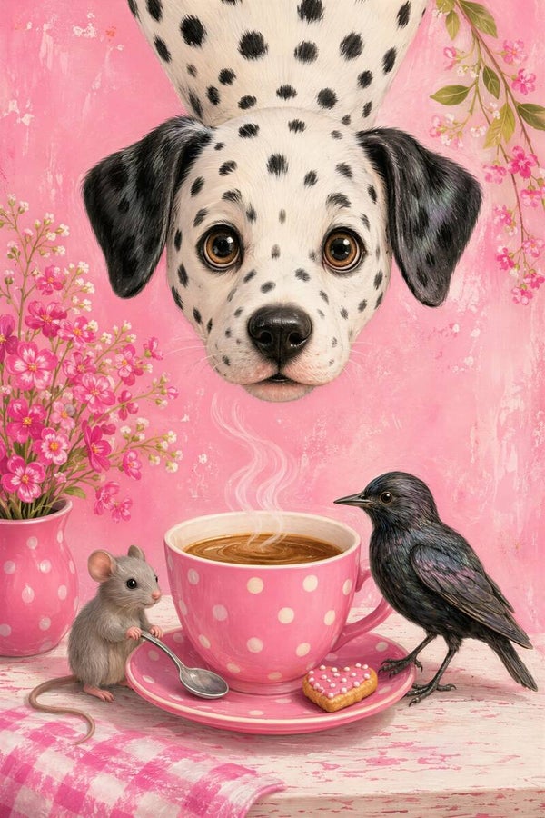 Stipgeluk – dalmatiër schilderij met koffie kraai en muis