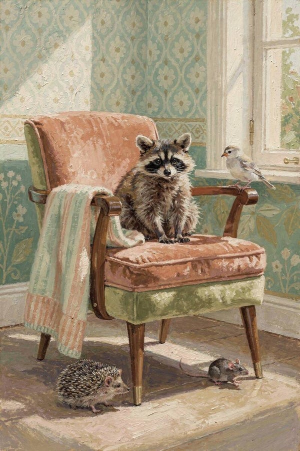 Stoel vol Streken – schilderij met wasbeer in vintage fauteuil