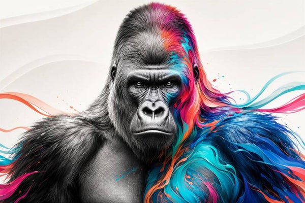 Kleurkracht – gorilla schilderij zwart-wit met felle kleuren