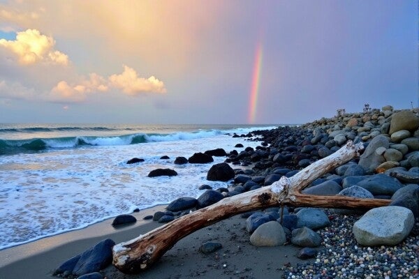 Magische Kustlijn – Driftwood en Regenboog in een Dynamisch Strandlandschap Wanddecoratie