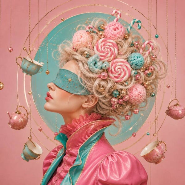 Sugar Halo – Roze schilderij met snoepjes, theekopjes en turquoise details
