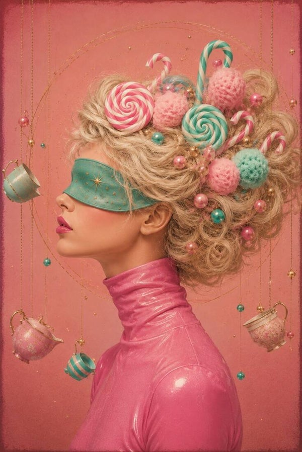 Suikerdroom – surrealistisch vrouw schilderij met snoepgoed en theekopjes