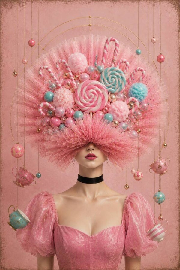 Suikeropera – fantasie schilderij met lolly's, snoephoofdtooi en pastelkleuren