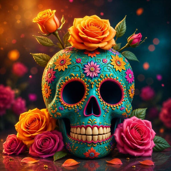 Fiesta in Bloei – Kleurrijk schilderij met Mexicaanse schedel en rozen