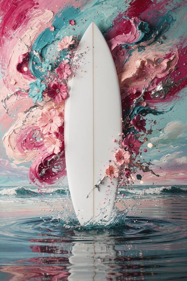 Surf in Bloei – surfplank schilderij tienerkamer strandhuis kleurrijke wanddecoratie