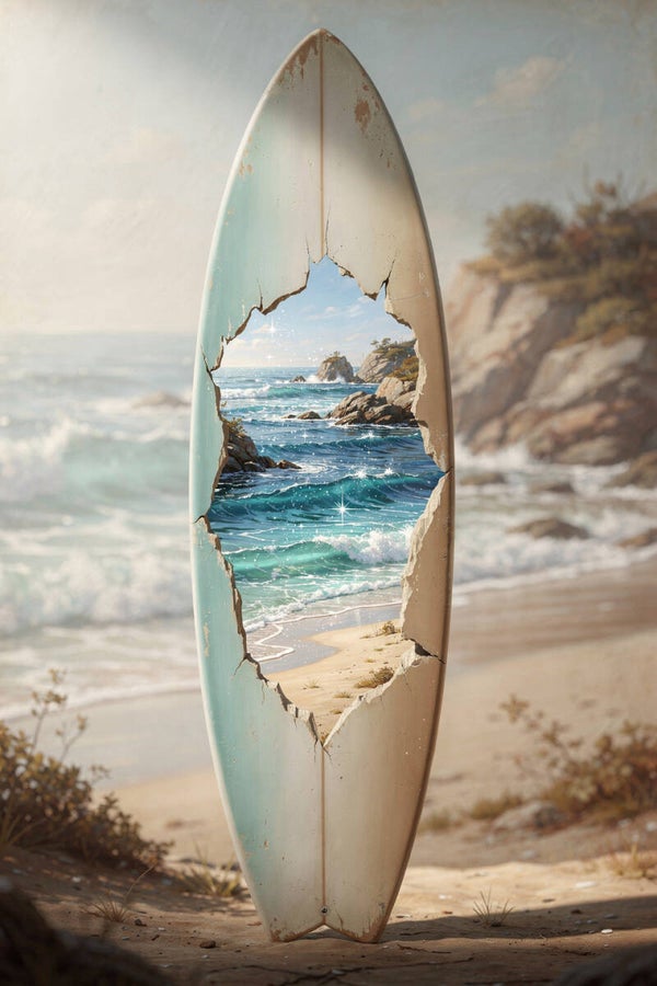 Verborgen Kust – surfboard schilderij met zee en rotsachtige kust