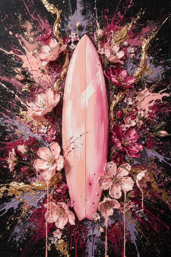 Roze Surfplank met Bloemen – surfplank schilderij tienerkamer slaapkamer strand wanddecoratie