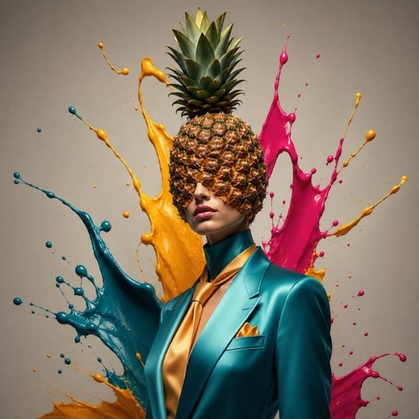 Ananas Manifest – surrealistisch vrouw schilderij met kleurrijke pop-art stijl