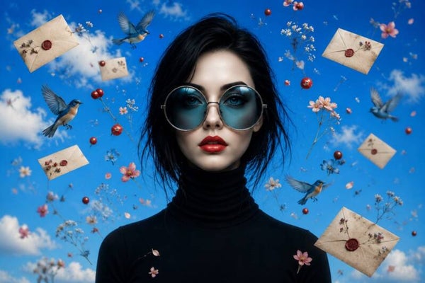 Luchtpost Dromen – surrealistisch vrouw schilderij met brieven en vogels