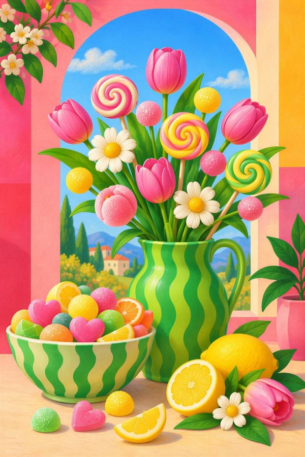 Sweet Garden – kleurrijk bloemen schilderij met snoep en citroen
