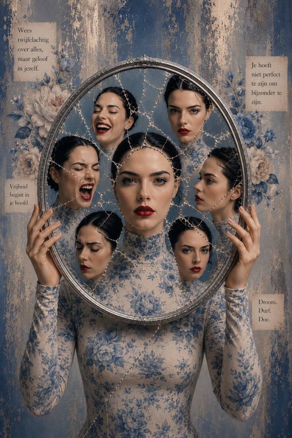 De Vrouw Achter Alle Gezichten – symbolisch vrouw schilderij met spiegel