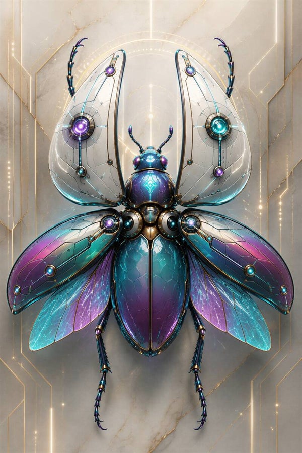 Cyber Scarab - Luxe Mechanisch Kever Schilderij met Parelmoer en Pastel Vleugels