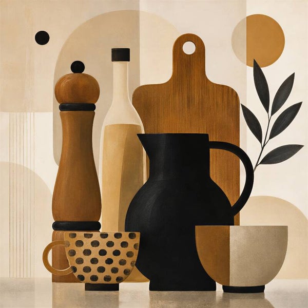 Table Stories – abstract keuken schilderij met servies, kan en snijplank