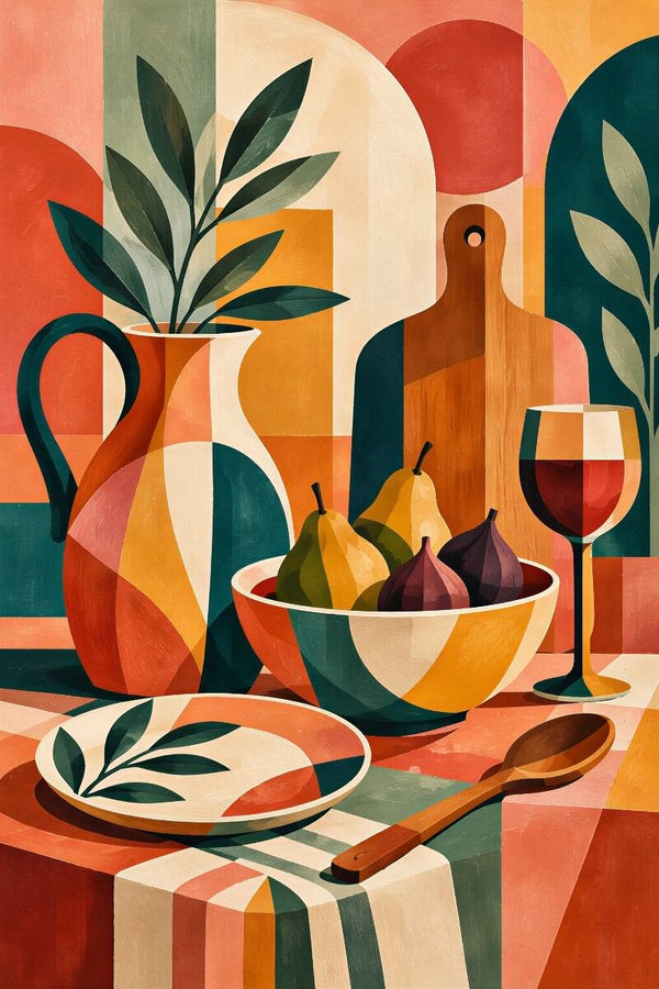 Tafel vol Kleur – abstract keuken schilderij met fruit en servies