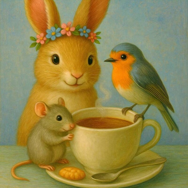 Tafelgasten in Bloemenkrans – schilderij konijn, muis en roodborstje bij kop koffie