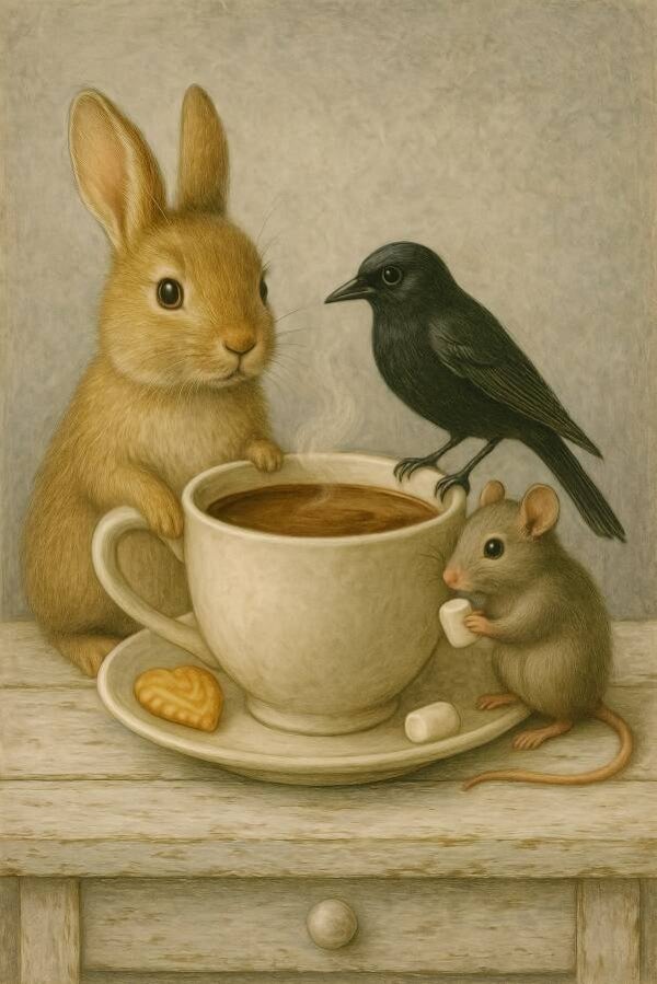 Tafelmoment Met Konijn – schilderij konijn, vogel en muis bij warme drank