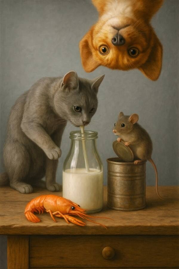 De melkdelers -  dieren schilderij kat hond muis schaaldier