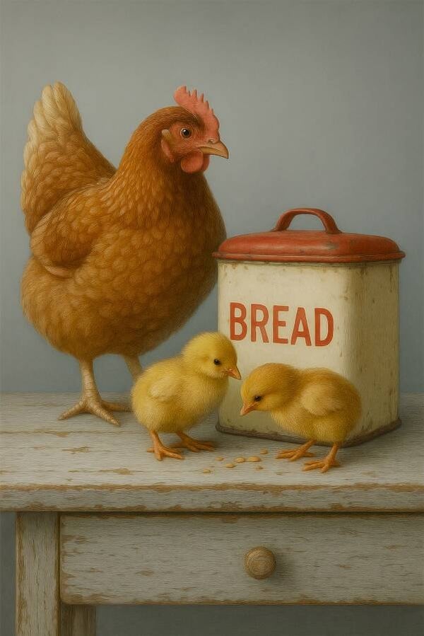 De broodwachters - dieren schilderij kip kuikens