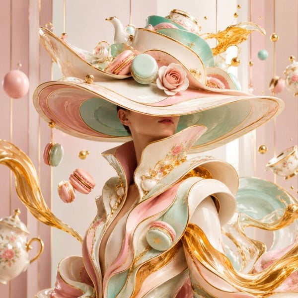 Tea & Macaron Couture – Fantasie schilderij met porselein, macarons en modekunst