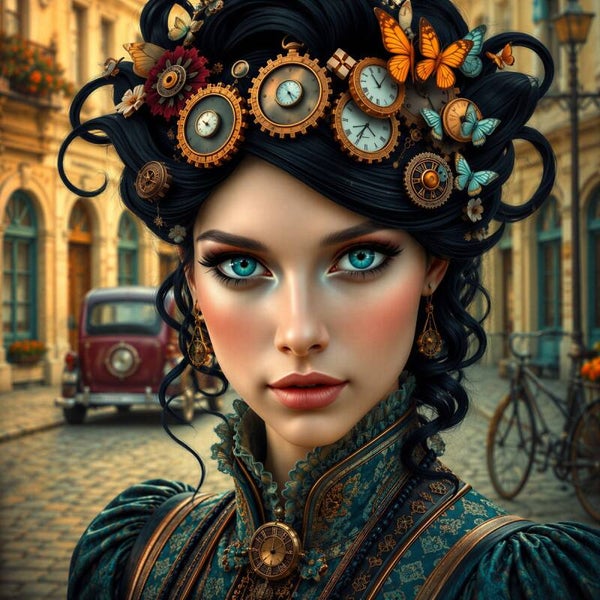 Steampunk Time Muse – schilderij vrouw met klokken en vlinders vintage