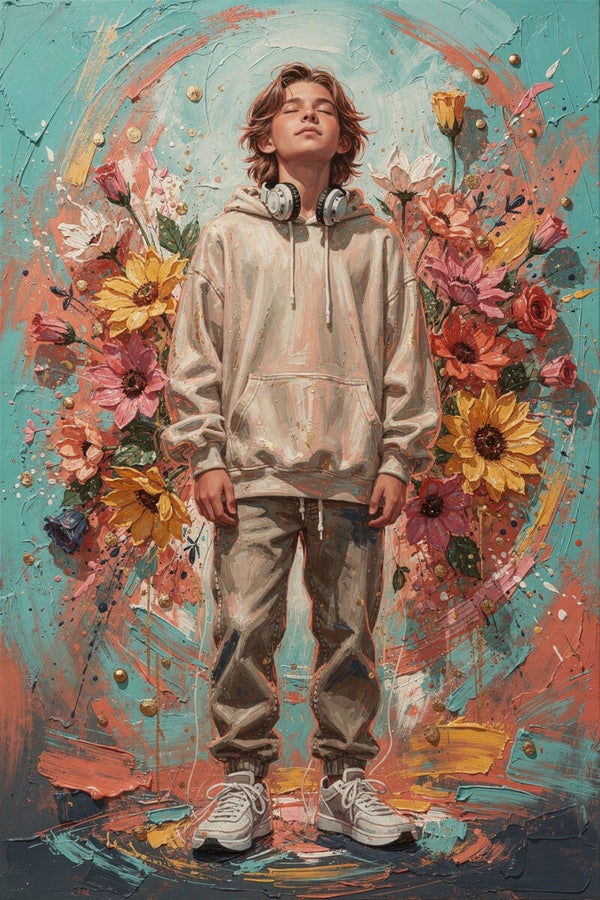 Dream Beats – tienerkamer schilderij jongen met koptelefoon kleurrijke bloemen