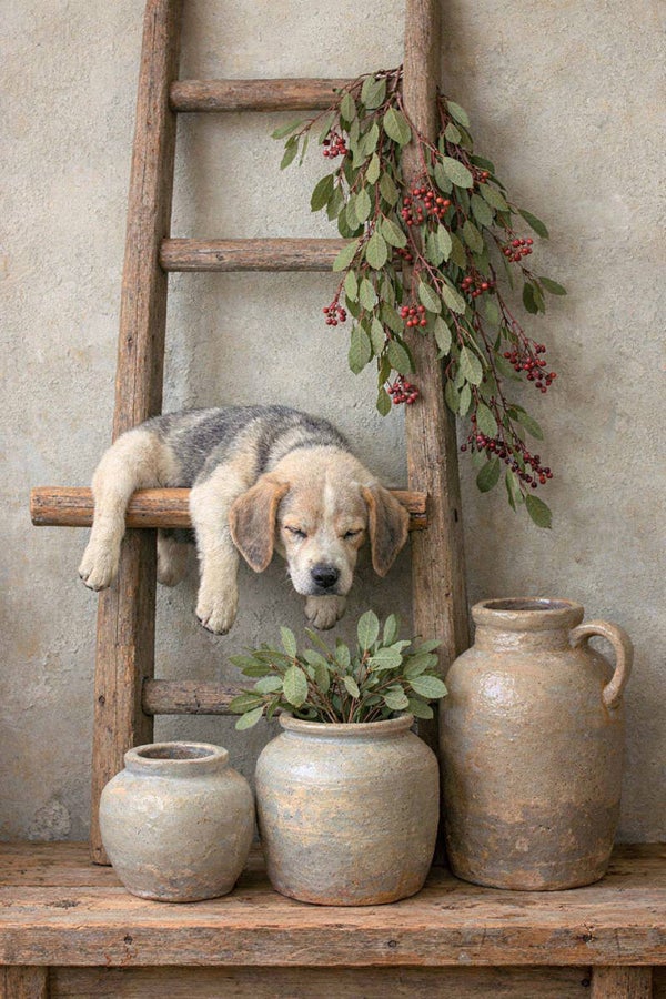 Tijd voor niks – schilderij met hond, ladder en kruiken in landelijke sfeer
