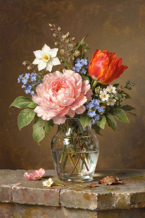 Tijdloze bloemenpracht – schilderij met vaas en veldbloemen in landelijke sfeer
