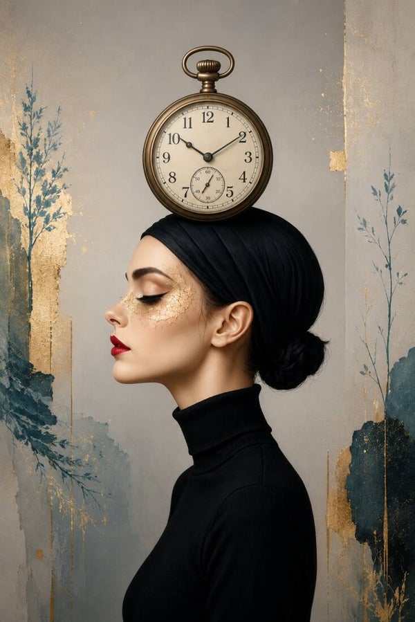 Tijdstilte – vrouw schilderij met vintage klok en gouden accenten