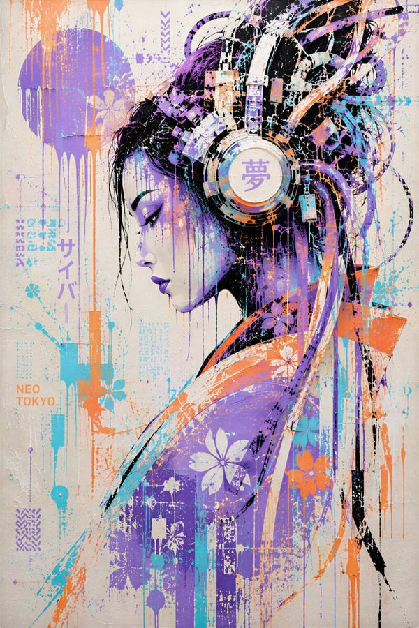 Tokyo Dreamwave – Japanse Vrouw met Koptelefoon Street Art Schilderij
