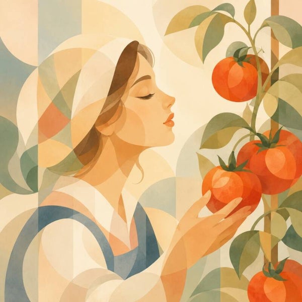 Tomaten in Zonlicht – abstract vrouw schilderij met tomaten