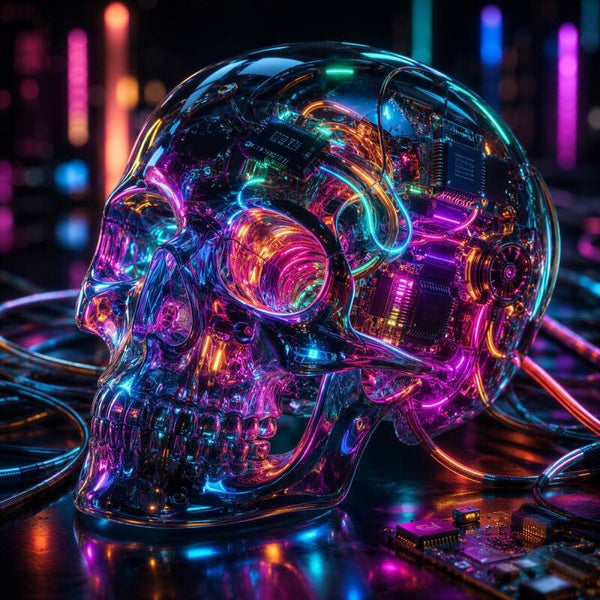 Neural Afterlife – transparante schedel met elektronica schilderij