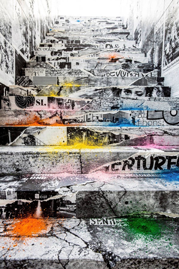 Papieren Trappen – schilderij trap met collage en kleur, mix media wanddecoratie