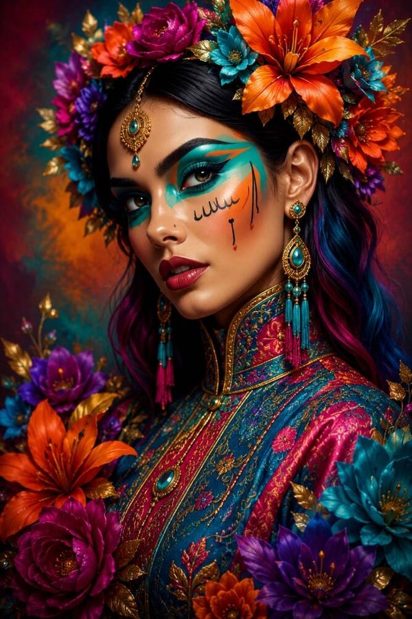 Tribal Bloom – kleurrijk vrouw schilderij met bloemen