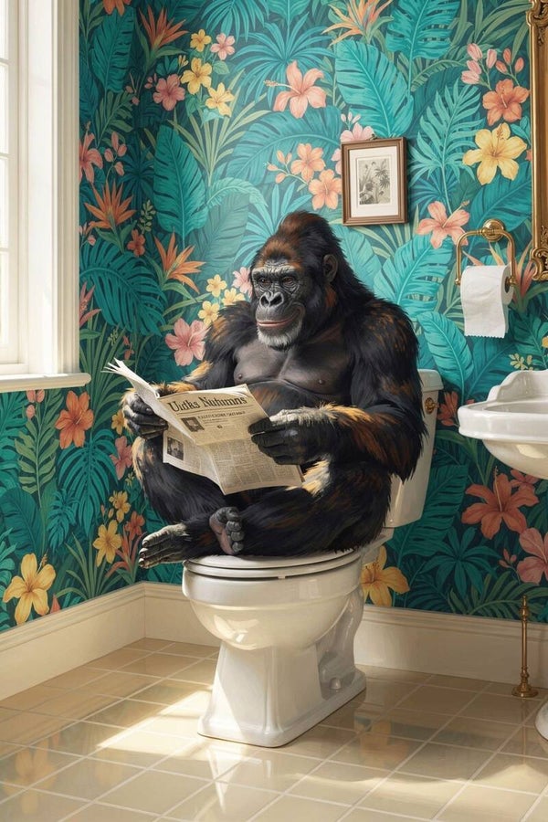 Tropen Troon – stoer schilderij met gorilla op toilet in botanische badkamer