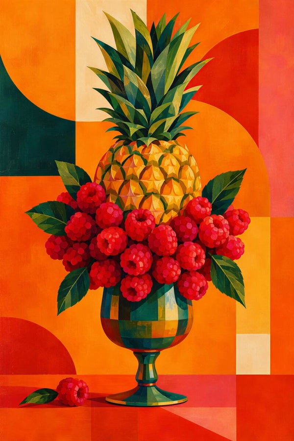 Tropical Abundance – kleurrijk ananas en frambozen schilderij