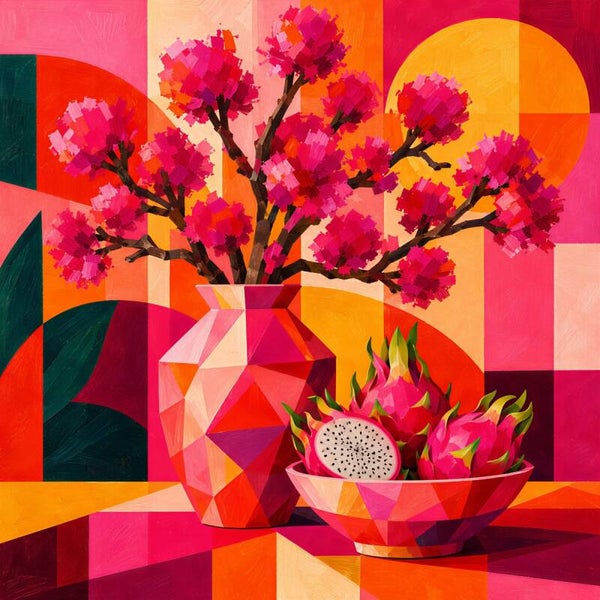 Tropical Bloom – kleurrijk drakenfruit schilderij met bloemen en vaas