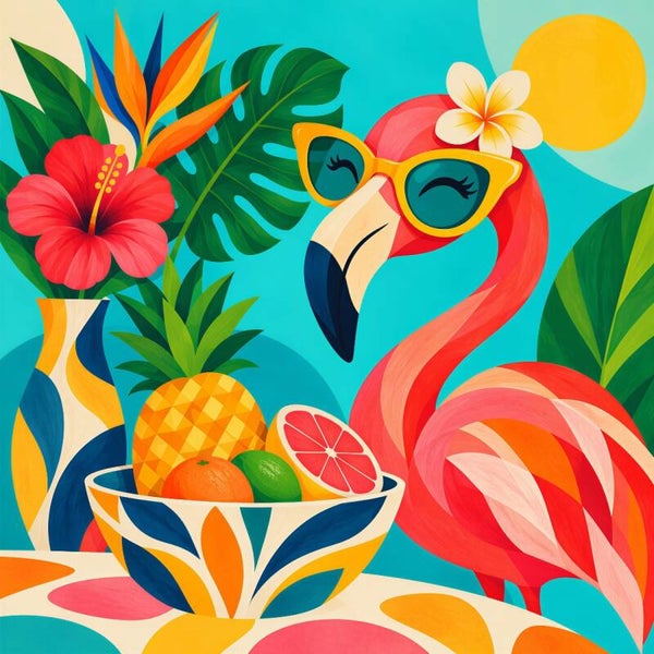 Tropical Flamingo – kleurrijk keuken schilderij met flamingo en fruit